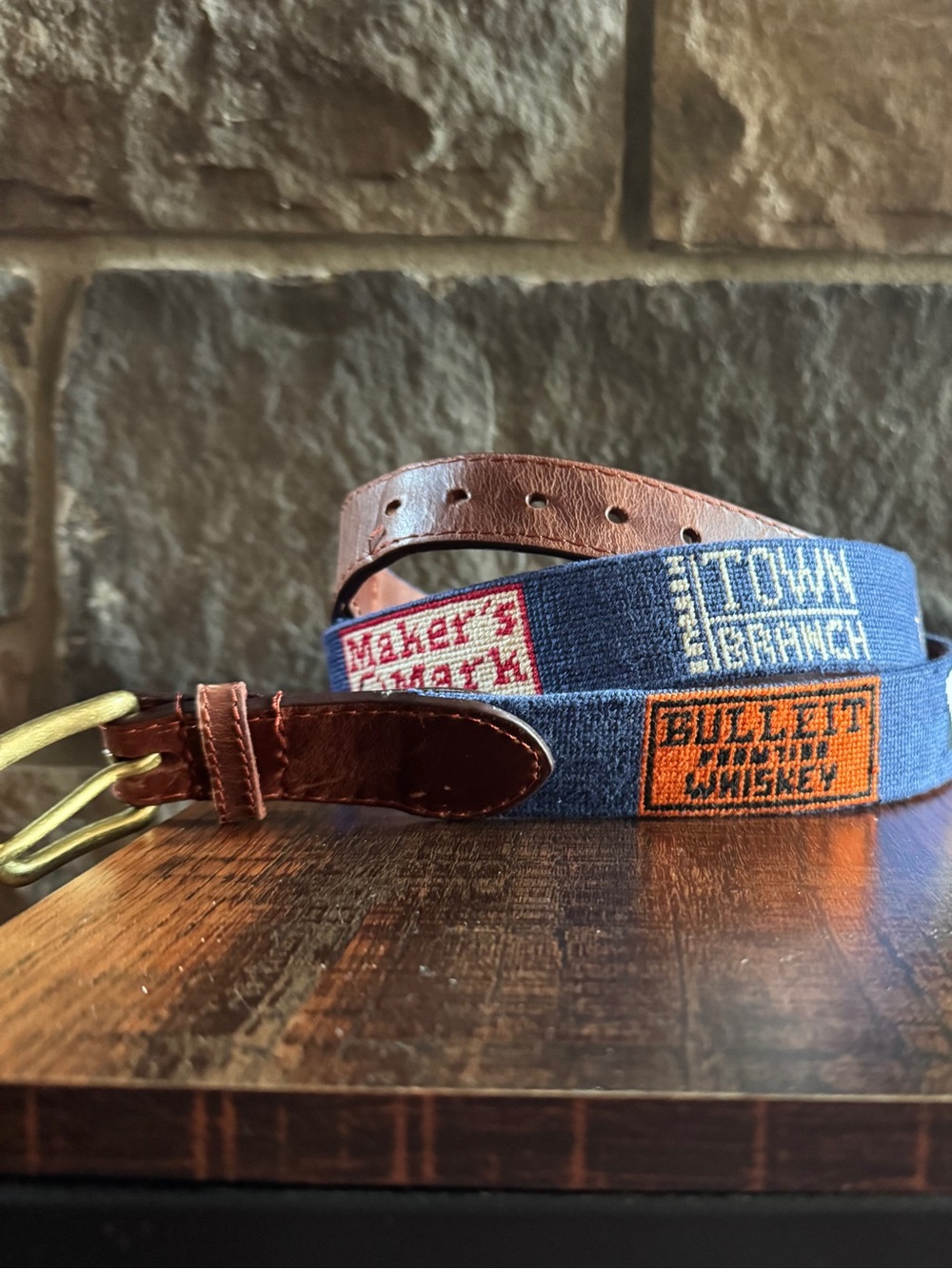 Bourbon Trail Blue Needlepoint Leather-Trim Belt